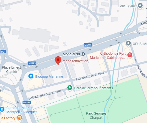 Carte de Montpellier centre, pin 'mood renovation' près Mondial 98, Biocoop Marianne, Carrefour Market, Parc Georges Charpak, M62E3.