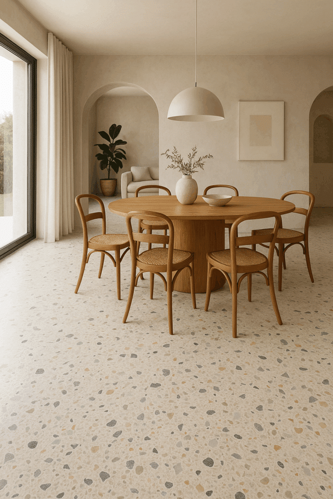 Salle à manger moderne avec table ovale en bois clair et chaises en rotin. Sol en terrazzo clair. Arches décoratives et grande baie vitrée.