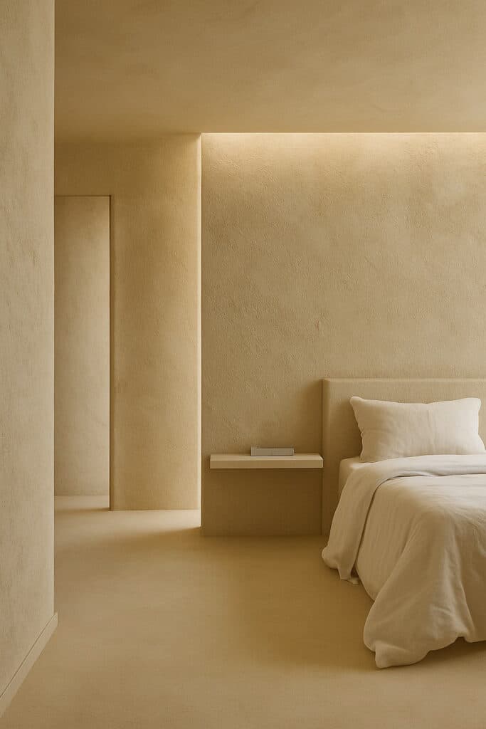 Chambre minimaliste beige aux tons terreux. Lit avec tête de lit capitonnée et literie en lin. Éclairage indirect doux, étagère murale flottante. Design intérieur serein.