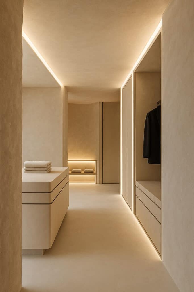 Intérieur dressing moderne beige texturé, éclairé par LED indirectes. Rangement minimaliste avec serviettes, penderie ouverte et meubles bas.
